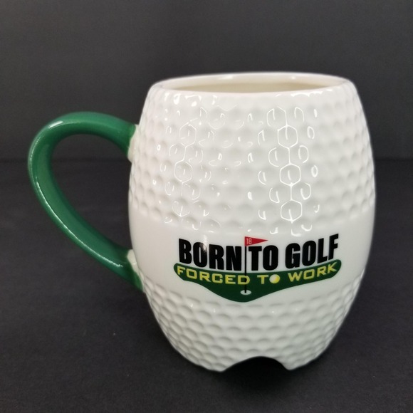 Other - Born To Golf Forced To Work Golf Ball Shaped Ceramic Coffee Mug White Green